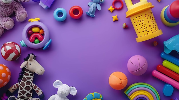 A flat lay of colorful toys on a purple background