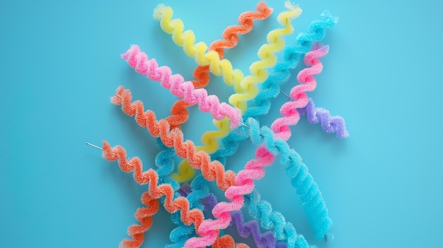 A flat lay of colorful twisted pipe cleaners on a blue background