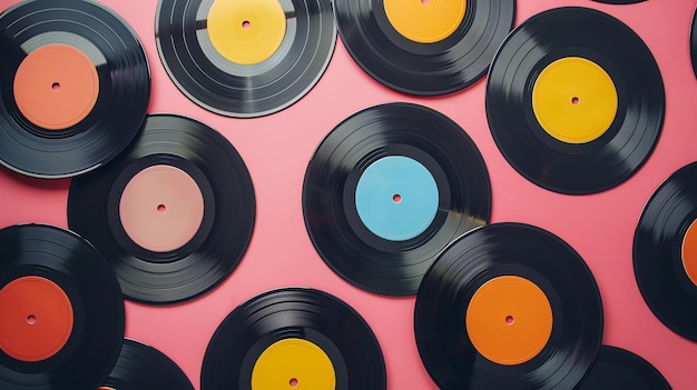 A flat lay of colorful vinyl records on a pink background