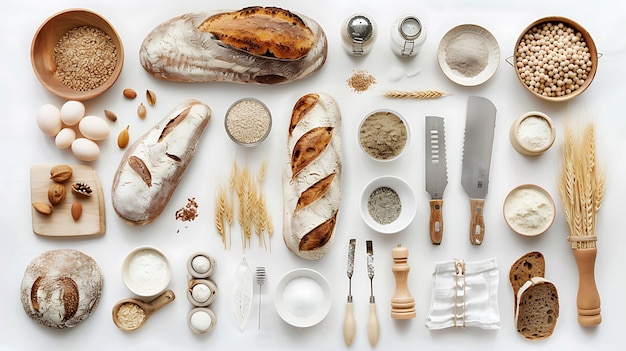 Photo flat lay composition of bread flour and other baking ingredients on a white background