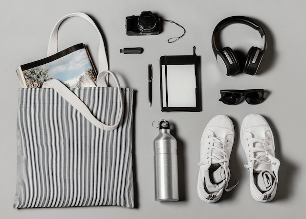 Flat lay composition of different traveling elements