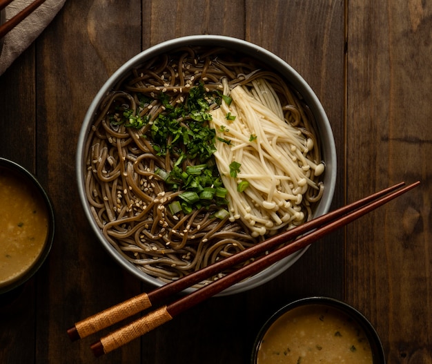 Flat lay composition of noodles on a table