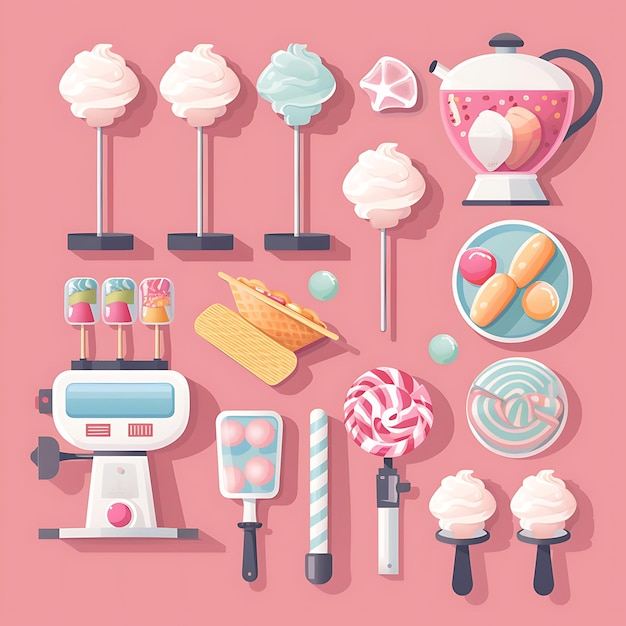 A flat lay composition of sweet treats on a pink background featuring cotton candy lollipops popsicles waffles and a teapot filled with colorful candies