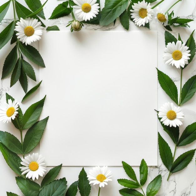 Flat Lay Composition of White Paper Surrounded by Daisies and Greenery CloseUp Image