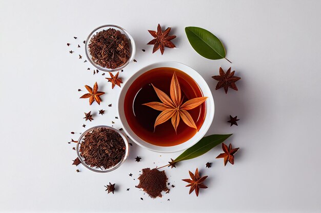 Flat lay composition with aromatic tea and anise