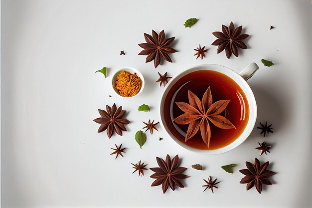 Flat lay composition with aromatic tea and anise