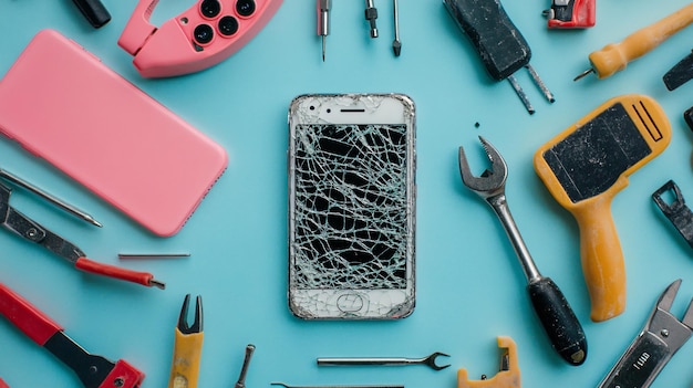 Photo flat lay composition with broken mobile phone and repair tools