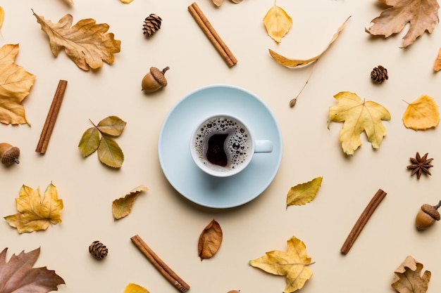 Flat lay composition with colorful Autumn cup of coffee and leaves on a color background top view