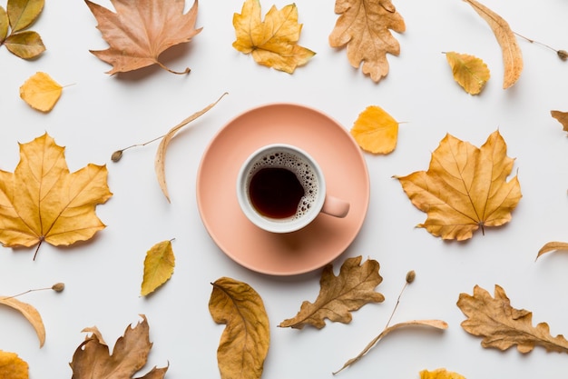 Flat lay composition with colorful Autumn cup of coffee and leaves on a color background top view