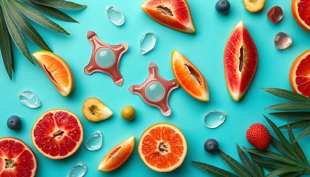 Flat lay composition with condoms and exotic fruits on turquoise background Erotic concept