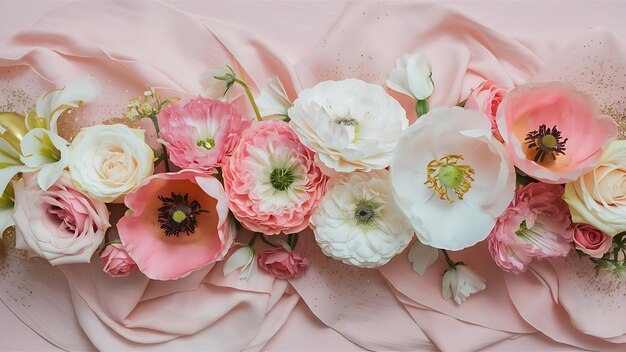 Flat lay composition with different beautiful flowers on pale pink background