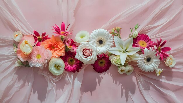 Flat lay composition with different beautiful flowers on pale pink background