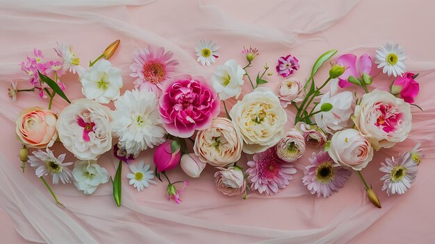 Flat lay composition with different beautiful flowers on pale pink background