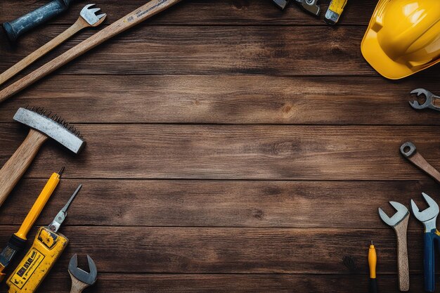 Flat lay composition with different construction tools on wooden background