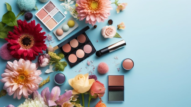 Flat lay composition with different makeup products and beautiful flowers on white background