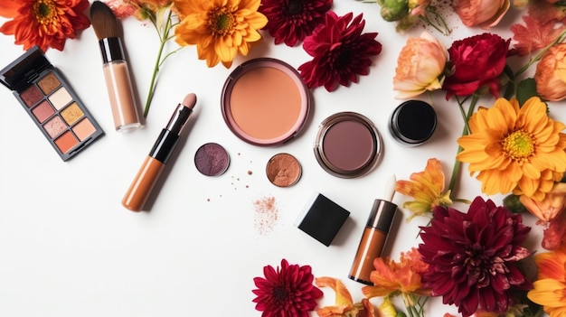 Flat lay composition with different makeup products and beautiful flowers on white background