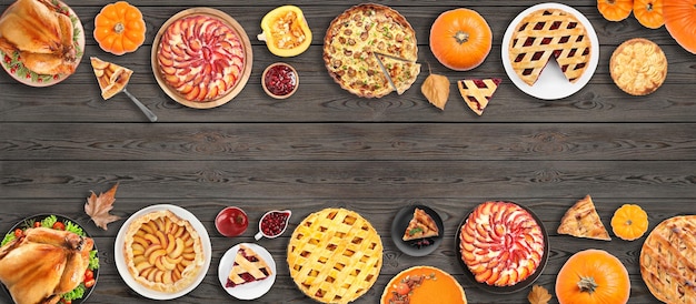 Flat lay composition with different tasty pies on wooden table space for text Banner design