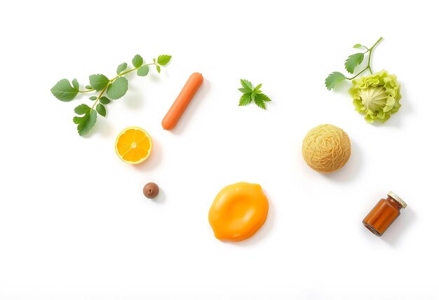 Photo flat lay composition with fresh ingredients and natural products on white background