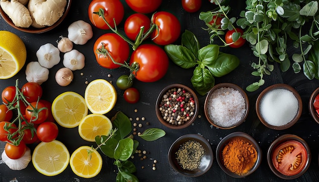 Flat lay composition with fresh vegetables and spices on dark wooden background