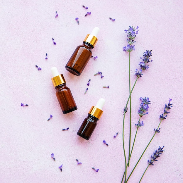 Flat lay composition with natural herbal oil and lavender flowers on pink concrete background