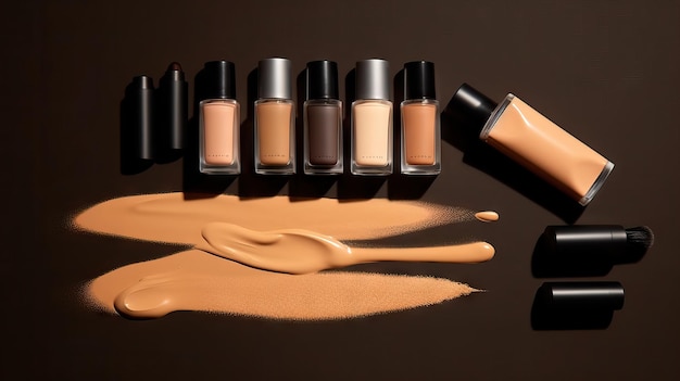 Flat lay composition with natural organic cosmetic products on skin tones backgroundMakeup concept