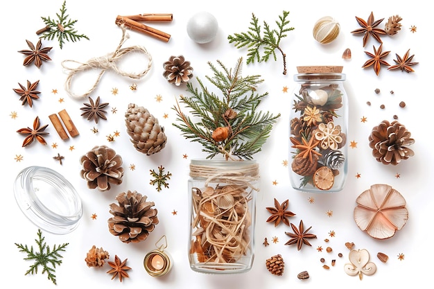 Flat Lay Composition with Pine Cones Star Anise and Cinnamon Sticks