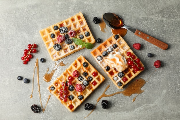 Flat lay composition with sweet belgian waffles