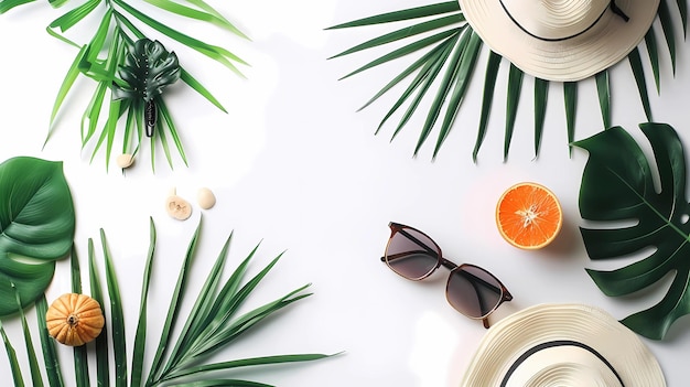 Flat lay composition with tropical leaves hat and sunglasses on white background