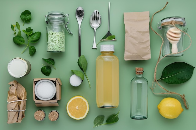 Photo flat lay composition of zero waste products on green background