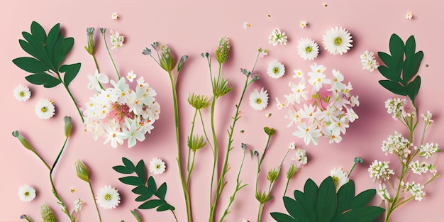 Flat lay concept of fresh field Spring flowers on Pink background isolated Beautiful flowers decorative element set collection for wedding invitation or mother39s day Generative AI