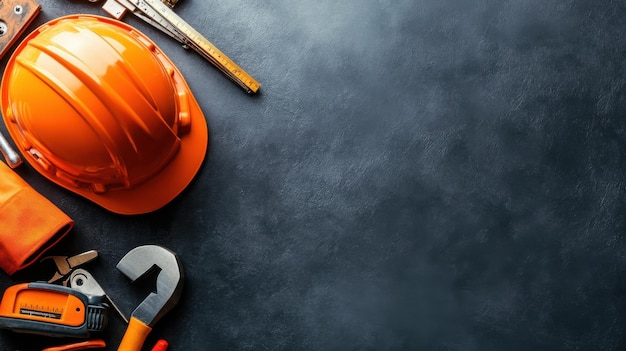 Flat lay of construction tools orange hard hat and safety gear arranged on a dark background with copy space