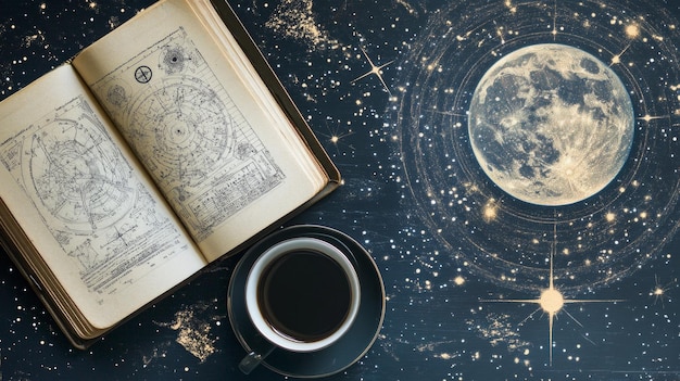 Photo flat lay of a cozy workspace featuring a book coffee cup and a celestial backdrop at night