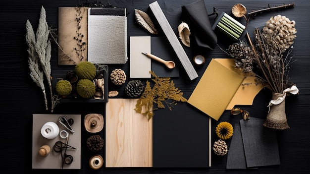 Flat lay of creative architect moodboard composition