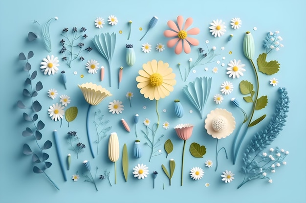 Flat lay creative illustration concept of fresh field Spring flowers on pastel blue background generative ai