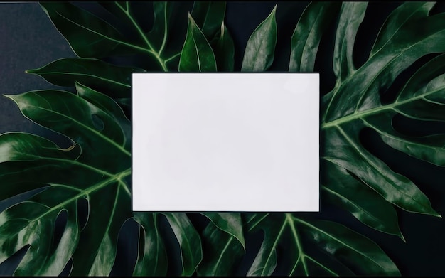 Flat lay creative of white paper card note on minimal nature green leaf copy space concept for add