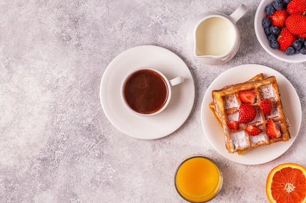 Flat lay of delicious breakfast with coffee