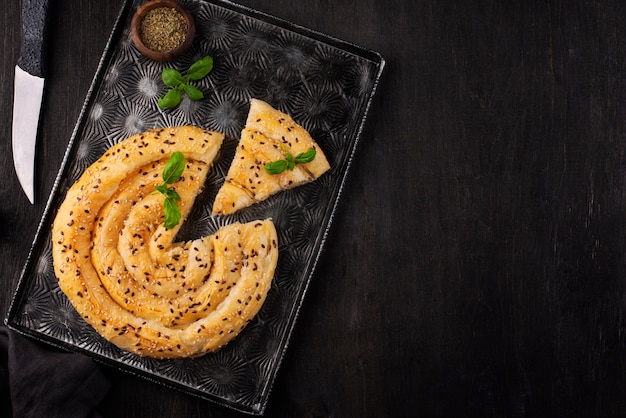 Flat lay delicious pastry on tray