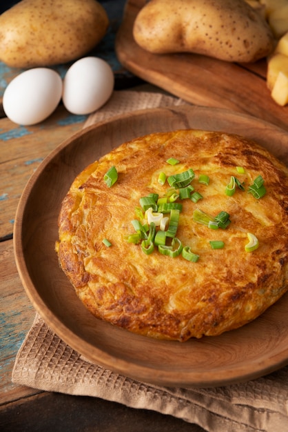 Flat lay delicious spanish tortilla still life