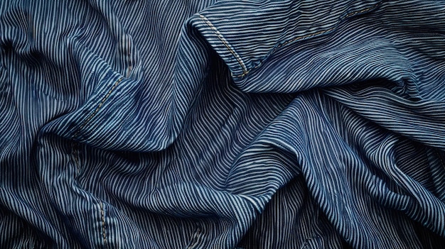 A flat lay of denim fabric in a classic indigo blue with visible stitching adding rugged texture