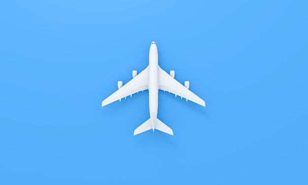 Flat lay design of travel concept. White plane on blue background. Travel by plane vacation summer weekend sea adventure trip journey ticket tour concept. 3d rendering.