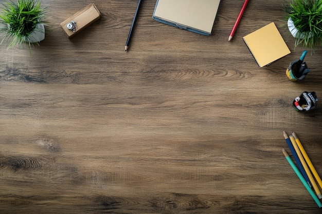 Photo flat lay of desk concept on wooden table