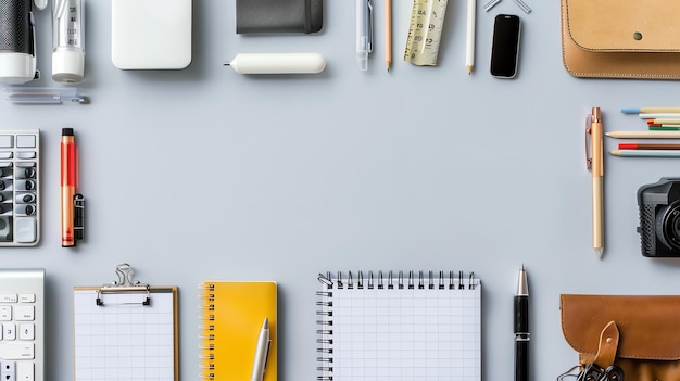 Flat lay of a desk with various office supplies arranged around the edges