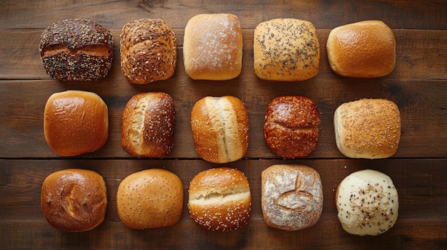 A flat lay of different types of bread rolls on a textured wooden surface perfect for a rustic breakfast