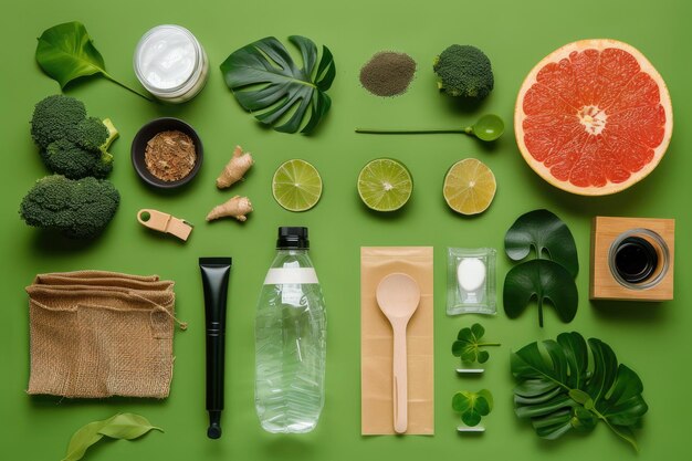 Flat lay different zero waste products on green background