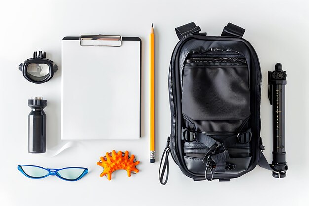 Photo flat lay of diving equipment and accessories on white background