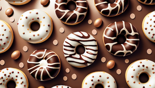 Flat lay donuts pattern isolated background Top view AI generated