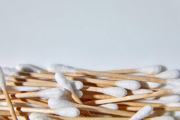 Flat lay Eco-friendly cotton swabs, bamboo cotton buds