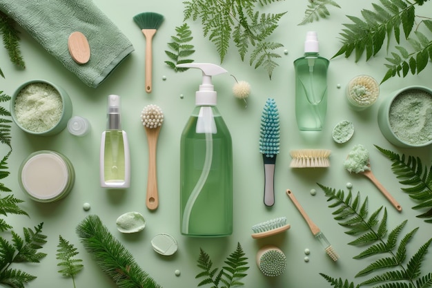 Flat lay of ecofriendly cleaning products with brushes