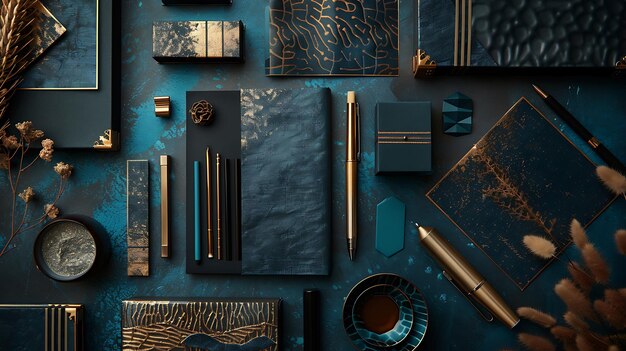 Photo flat lay of elegant stationary and accessories in teal and gold tones