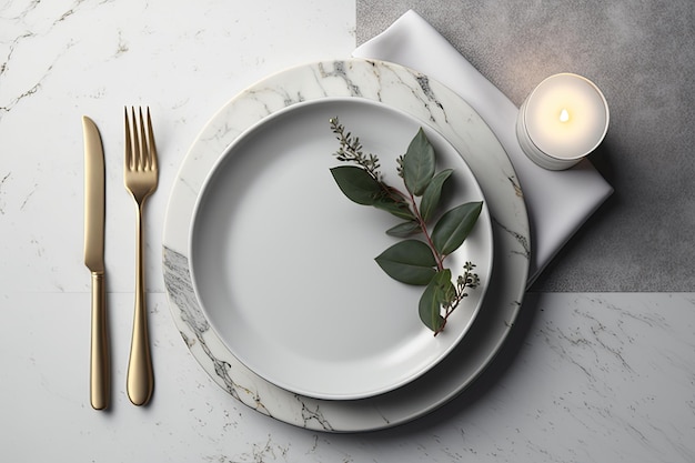 Flat lay of an empty white plate and napkin on a table top made of light grey marble